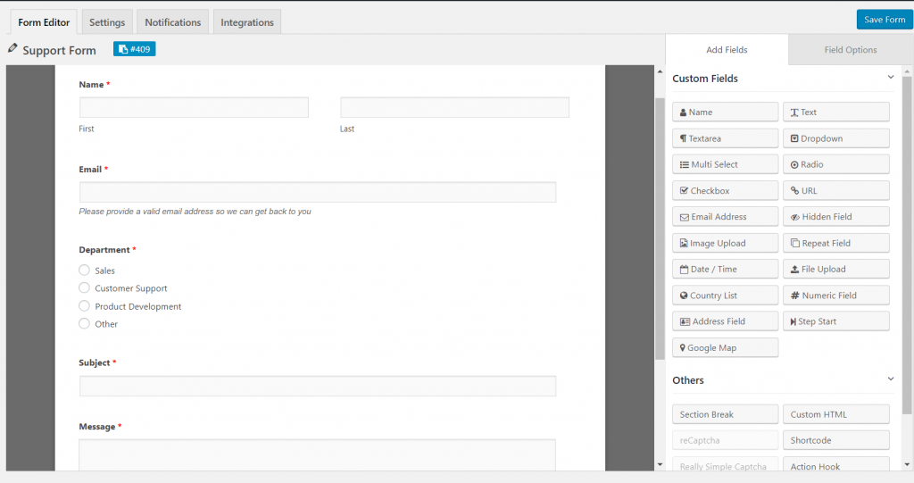 WordPress support form template on weForms