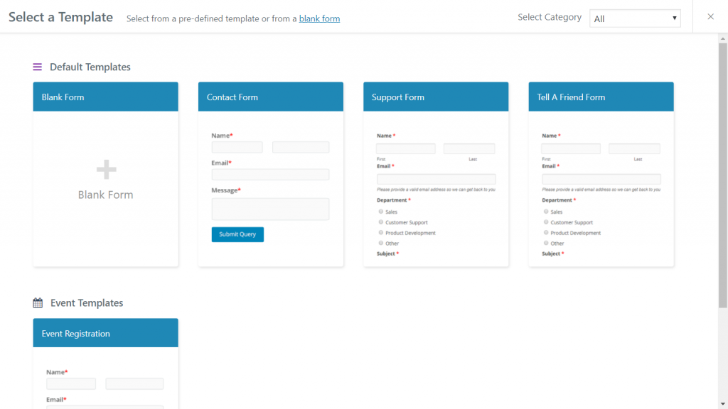 WordPress form template selection screen on weForms
