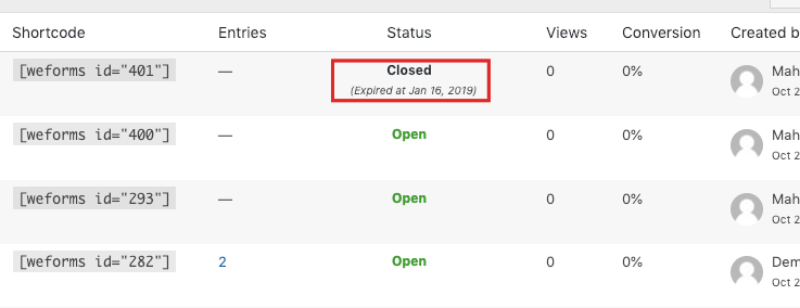 Table of WordPress forms in a closed status