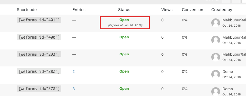 Table of WordPress forms with an expiration date and status