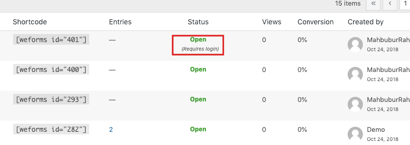 An image depicting a table of WordPress forms that require login to submit with status