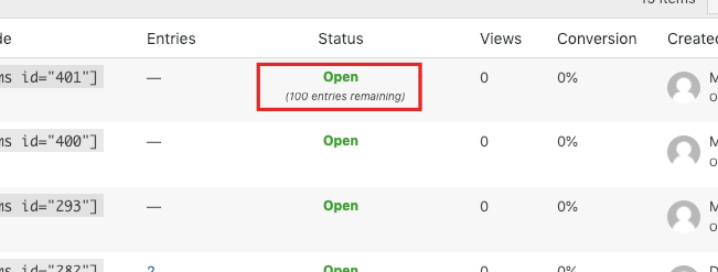 Table of WordPress forms status and remaining entries on weForms