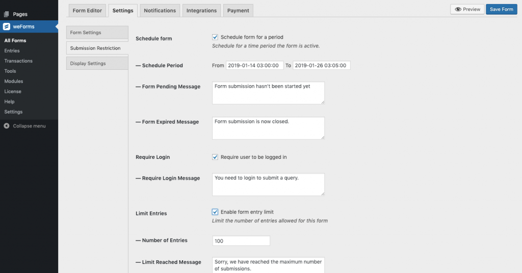 WordPress form settings that will restrict submission using weForms