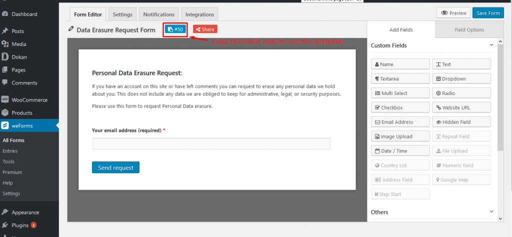 WordPress data erasure form template on weForms