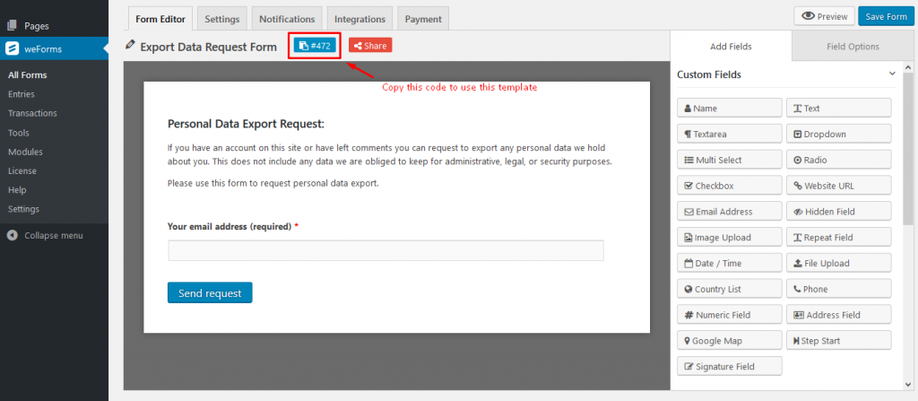 WordPress data export request form template on weForms