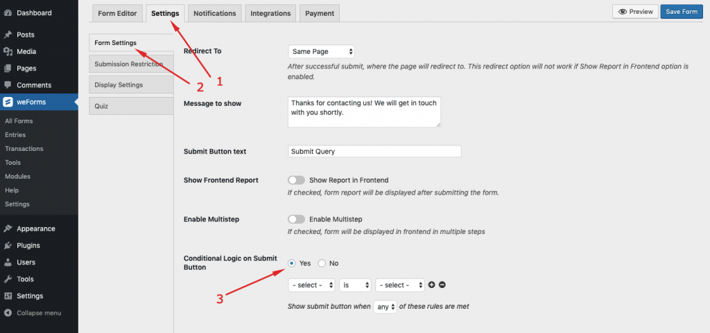 Enable conditional logic for WordPress forms on weForms