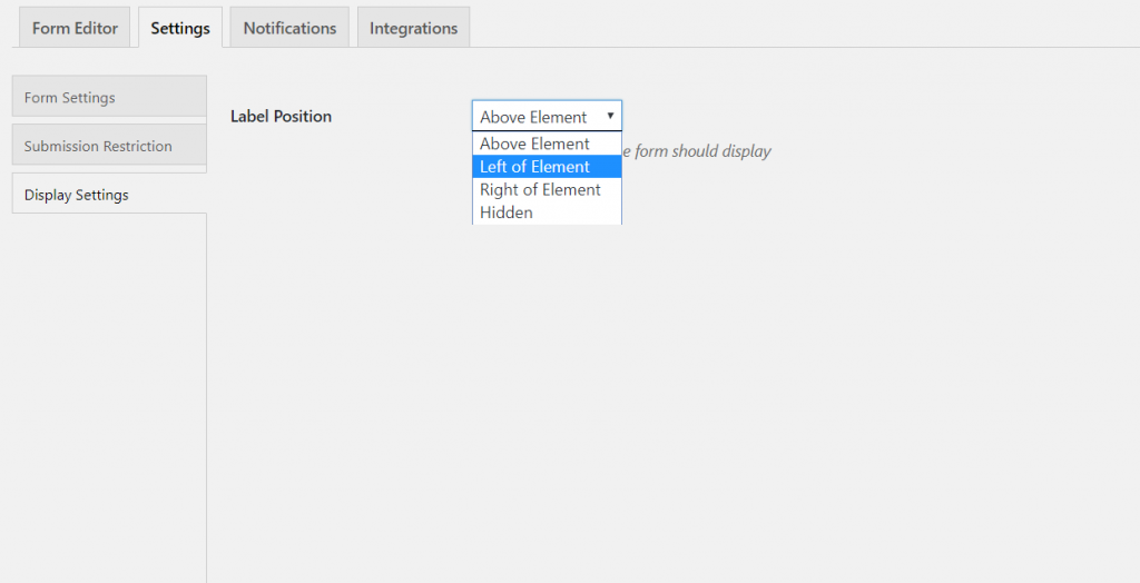 An image depicting options to set the label position on a WordPress form using weForms