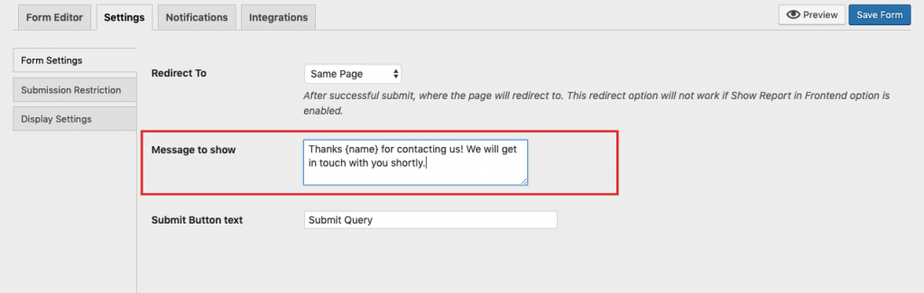 Custom message to show after submitting a form on weForms