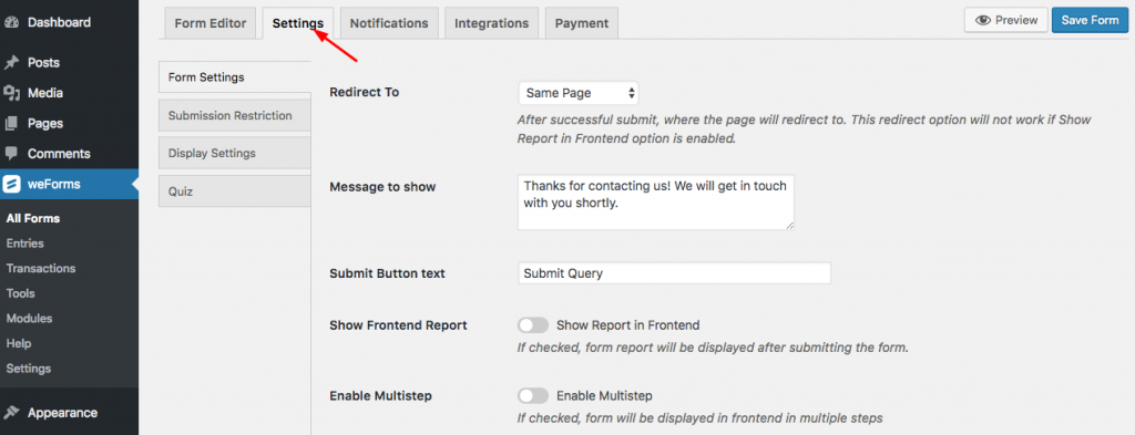 An image depicting WordPress form settings in weForms