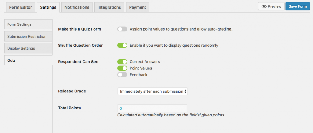 Quiz WordPress form settings on weForms