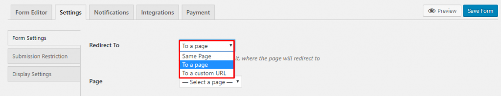 The setting to redirect to a page after submitting a WordPress form on weForms