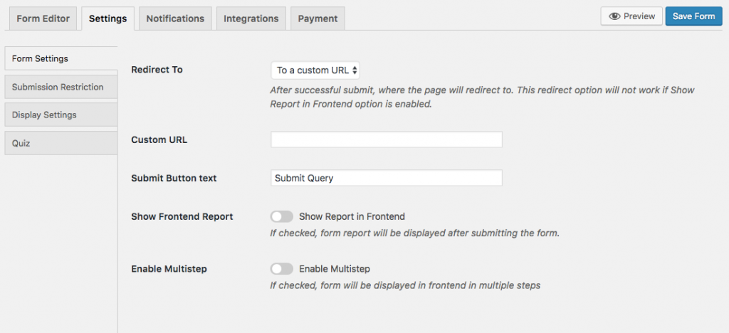 Setting to redirect to a custom URL after a WordPress form submission on weForms