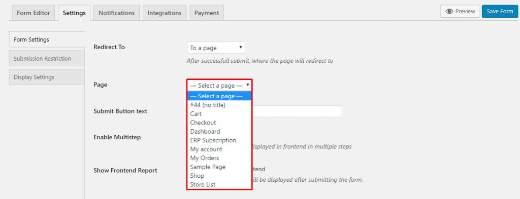 An image depicting the setting to select a page to redirect to after a WordPress form submission on weForms