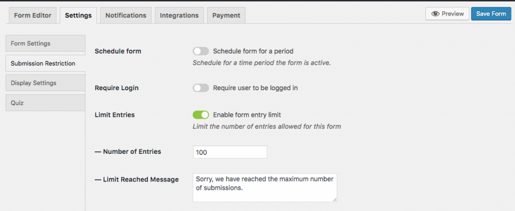 Enable a limit on the number of entries of a WordPress form using weForms