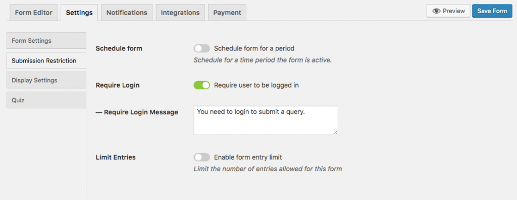 Enable login restriction to submit a WordPress form on weForms