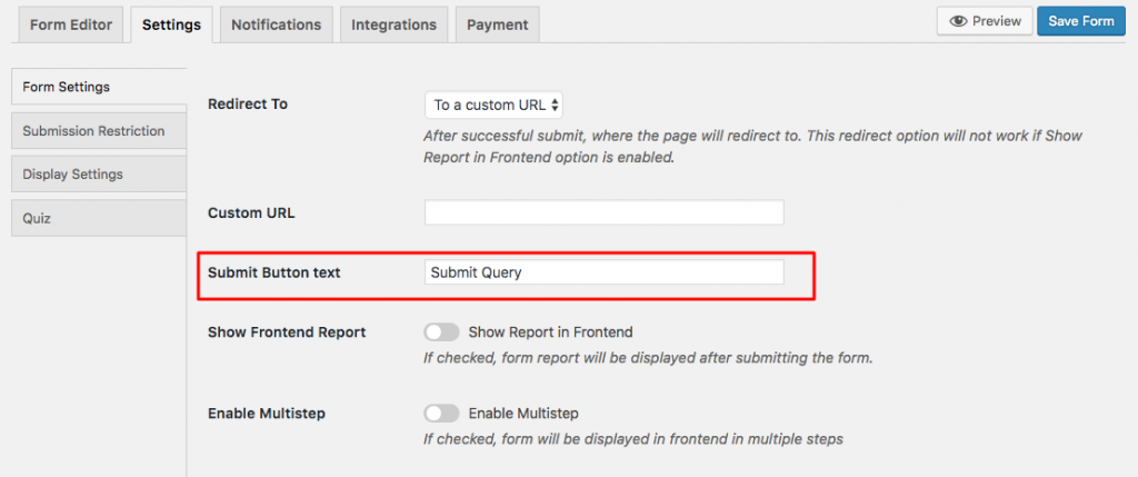 Setting to change the text on the WordPress form submit button on weForms