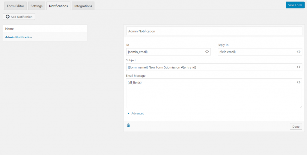 WordPress form notification settings on weForms