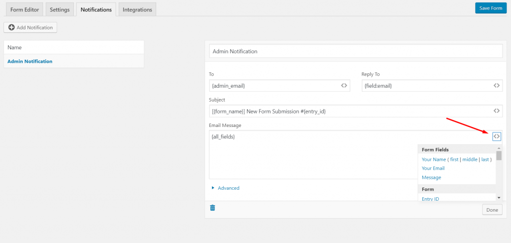 Custom WordPress form notification settings on weForms