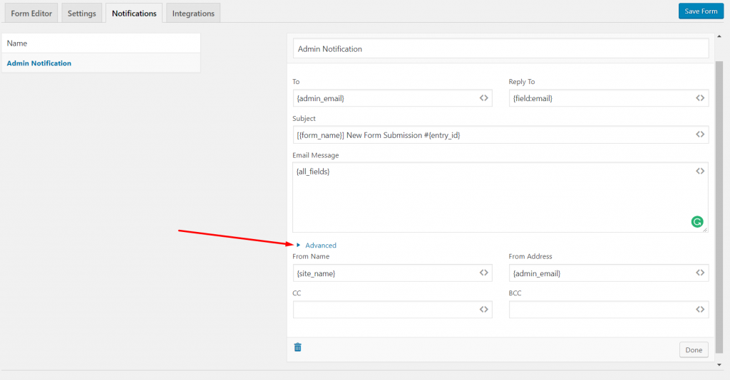 Shortcodes for custom field notifications for WordPress forms on weForms