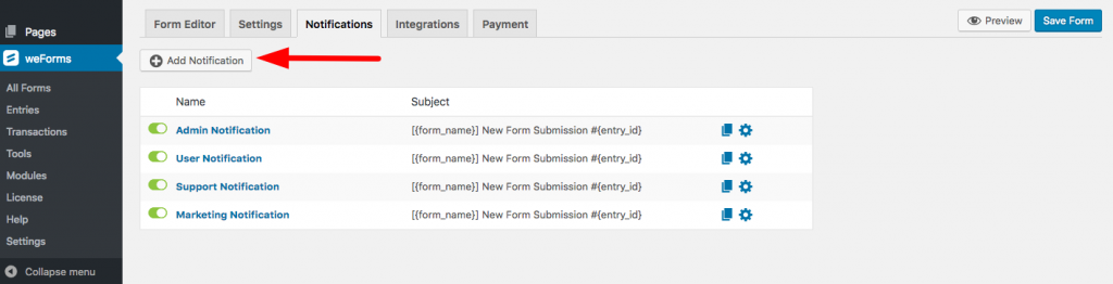 Add email notifications to WordPress form on weForms