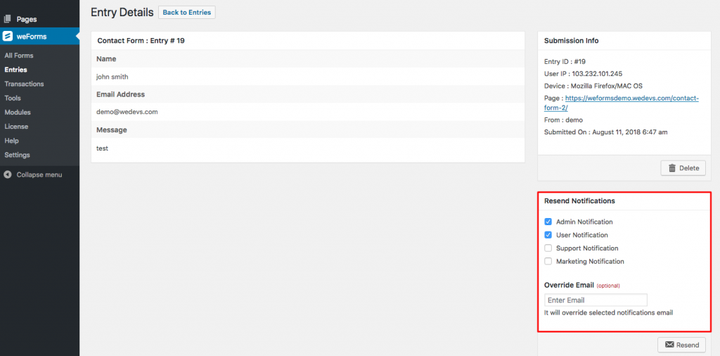 Resend notification for WordPress form entry on weForms