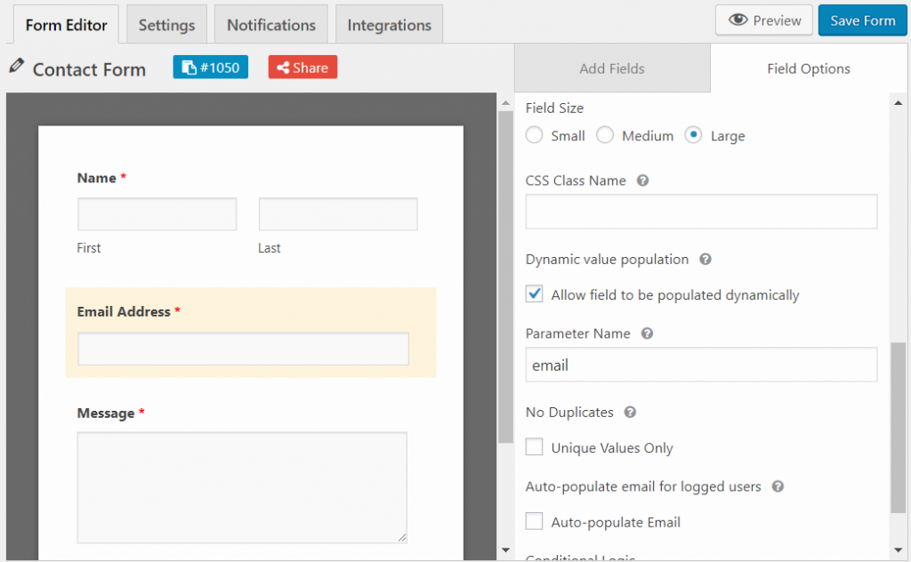 Set parameter on dynamic field population for WordPress form using weForms