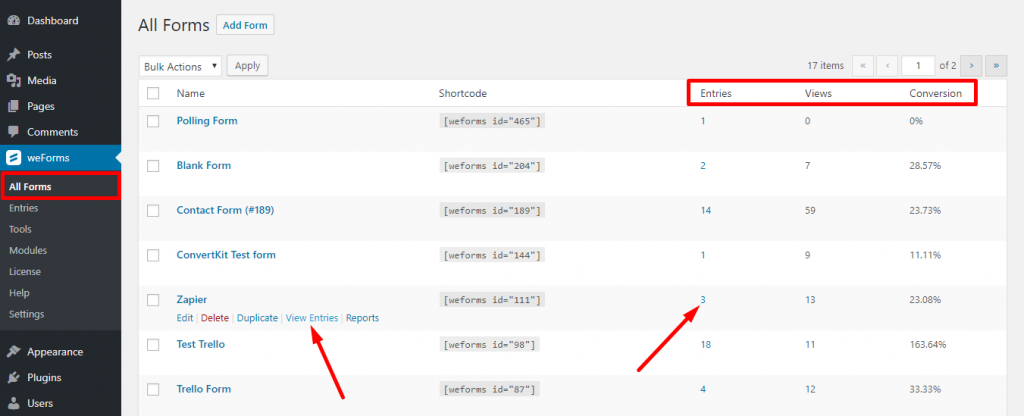 View WordPress form responses on weForms