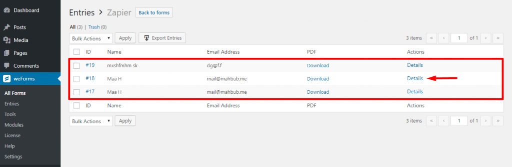 View WordPress form response details