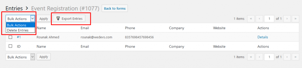 Export WordPress form entries with weForms