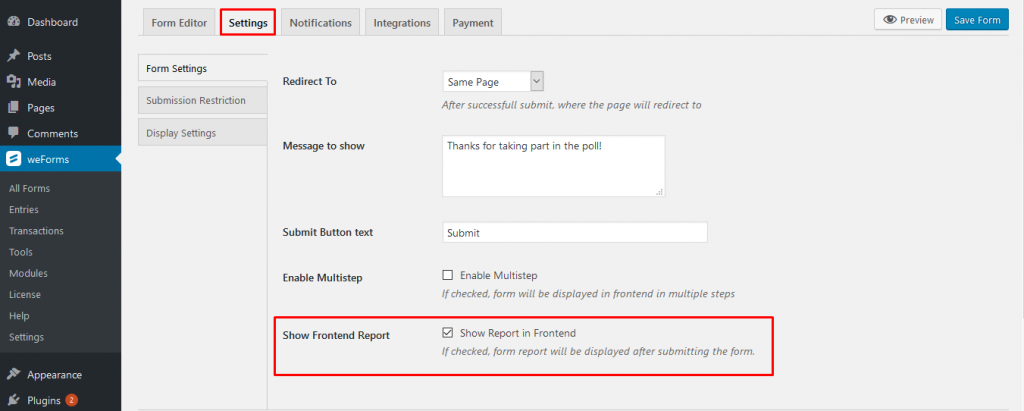 Show frontend results of WordPress form poll on weForms