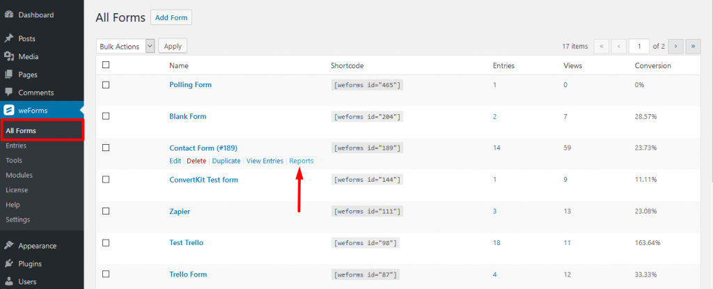 WordPress form results on weForms