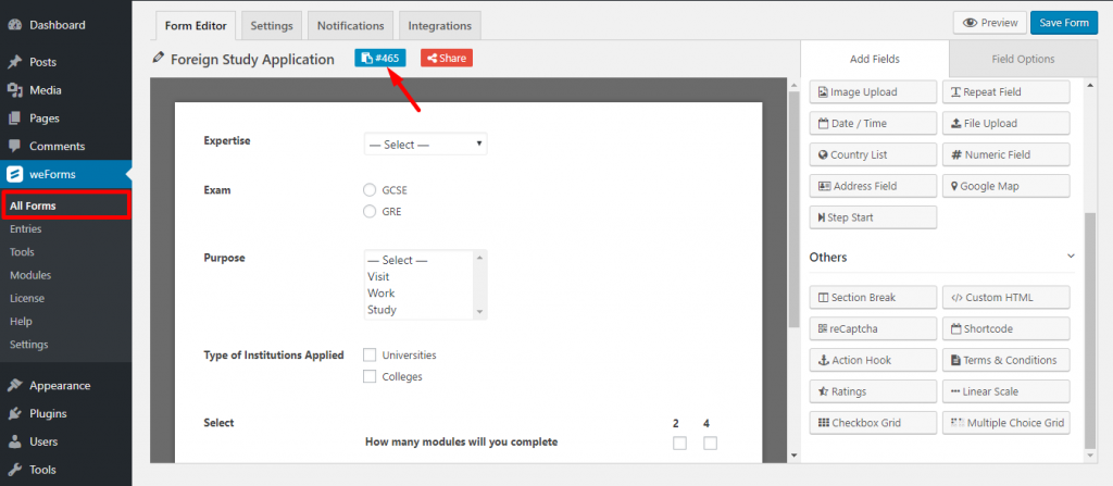 Copying shortcode for WordPress poll form on weForms