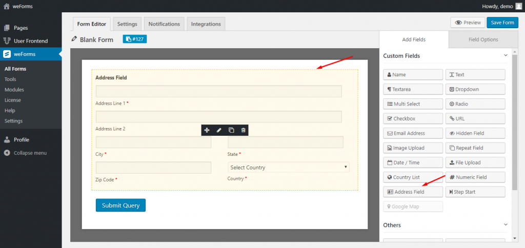 Prebuilt address field for WordPress form on weForms