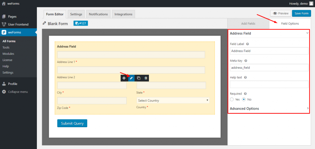 WordPress form address field options on weForms