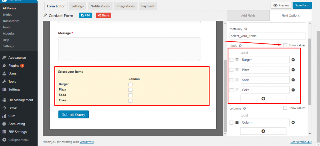 Edit checkbox labels for WordPress contact form using weForms