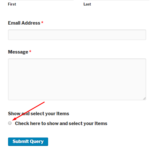 Frontend view of WordPress form with radio button conditional logic