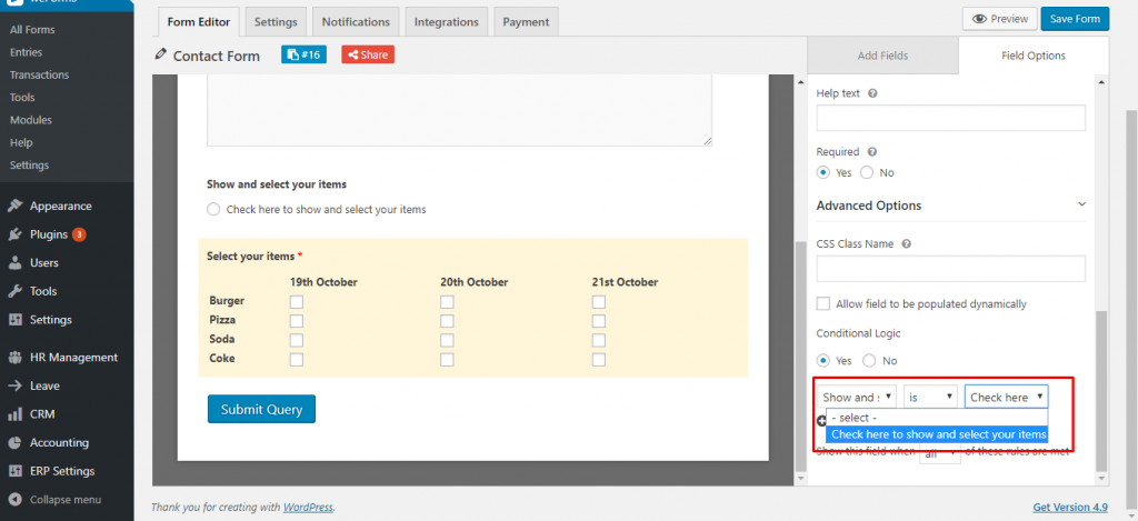 Enable conditional logic for checkbox field on WordPress form with weForms