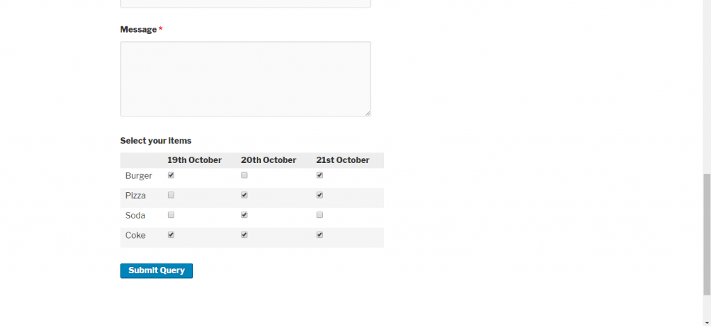 Frontend view of WordPress form with checkbox grid on weForms