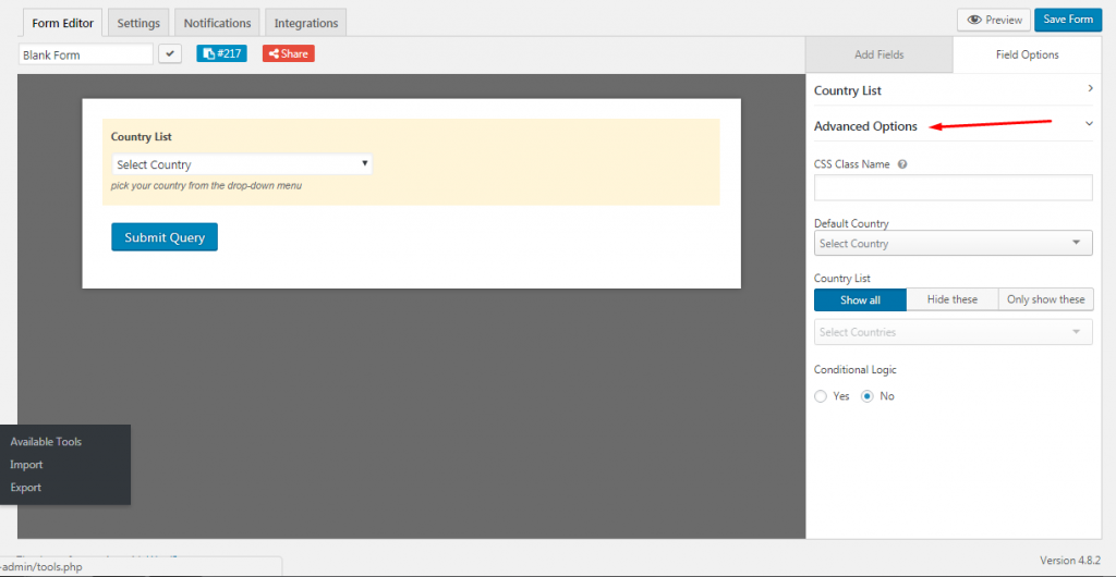 Advanced fields for country list dropdown on weForms