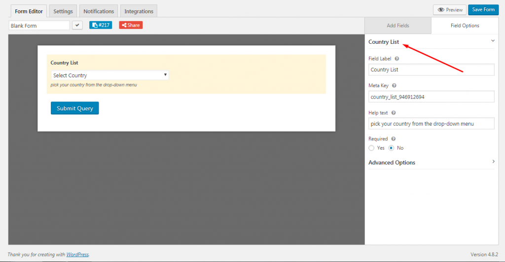 Country list field options for WordPress form using weForms