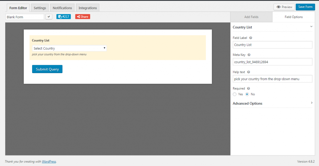 Preset country list for WordPress form dropdown on weForms