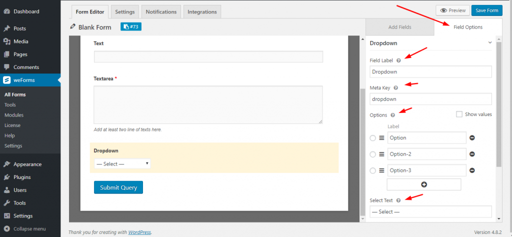 Field options on dropdown for WordPress form on weForms