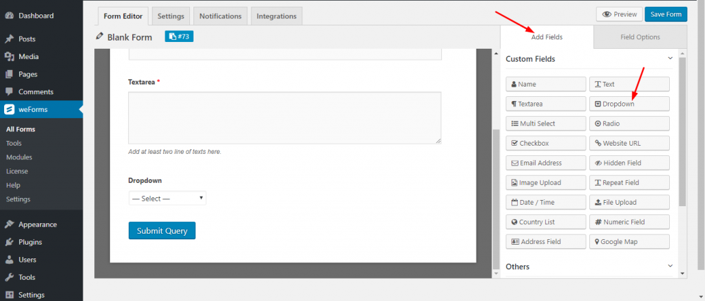 Add a dropdown on WordPress form using weForms