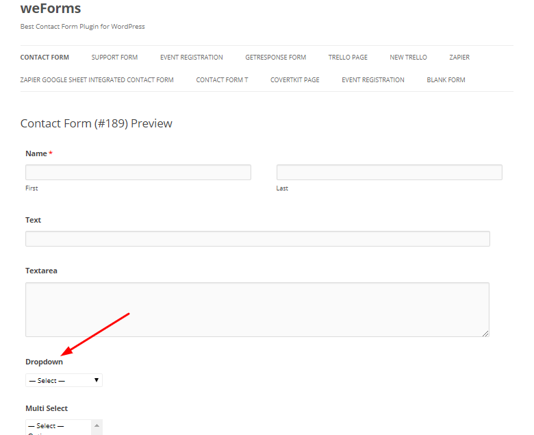 WordPress form with dropdowns made using weForms
