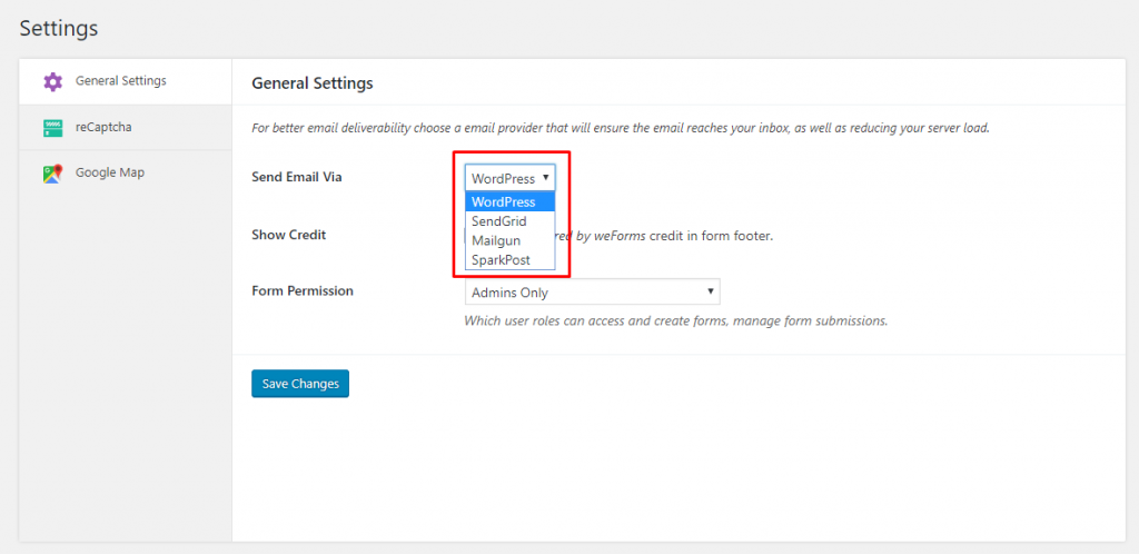 Email notification source for WordPress form entries on weForms