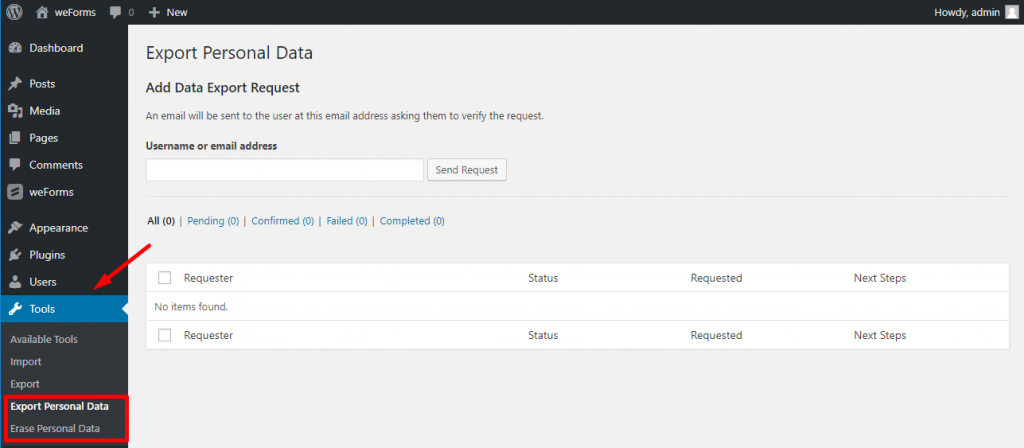 Export personal data and erase personal data requests on weForms
