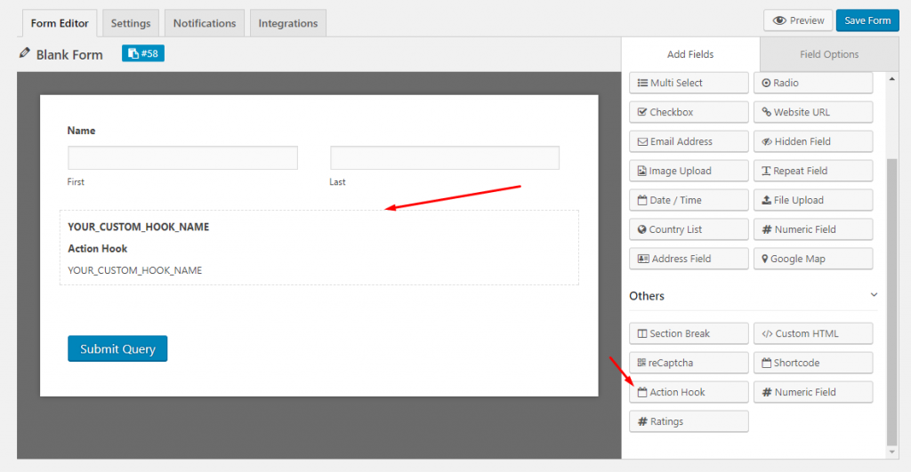 Add an action hook field to your WordPress form using weForms