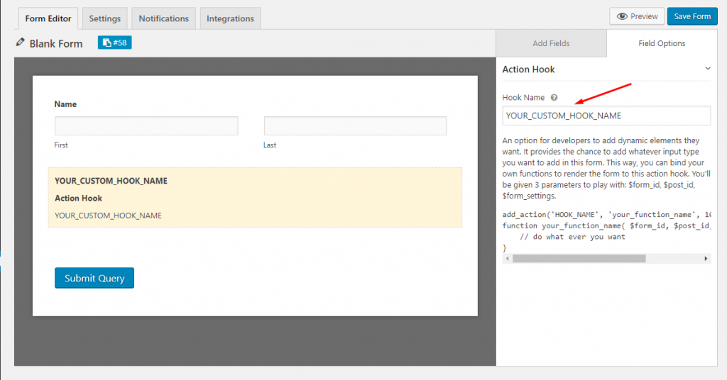 Action hook configuration on weForms