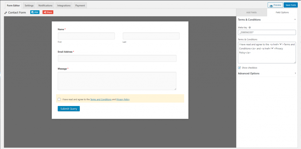 weForms Terms and Conditions field options