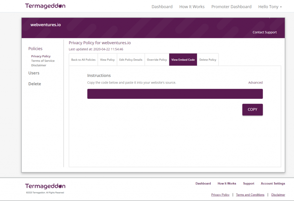 Termageddon's embed code to add policy to site
